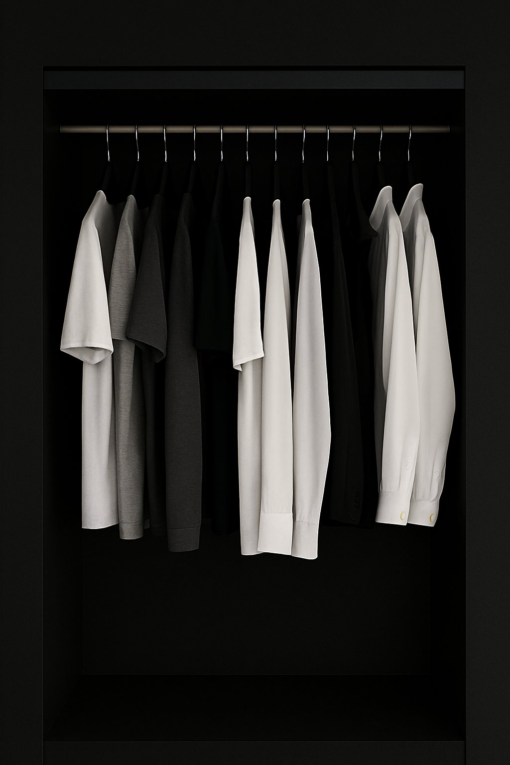 After: streamlined capsule wardrobe with matching hangers and clean, evenly spaced garments.